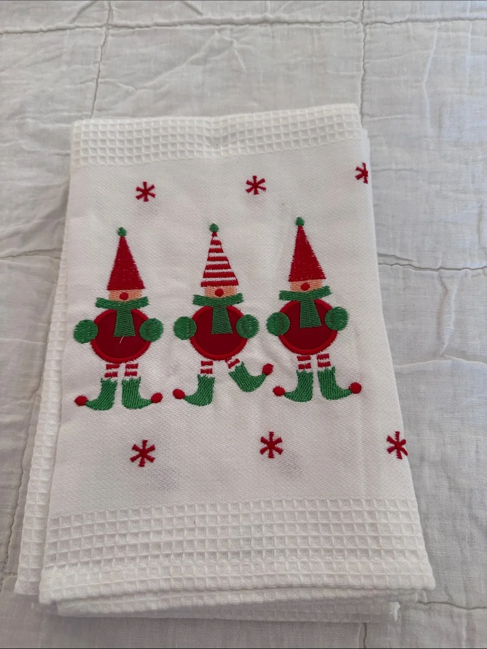 Set of 2 Crate&Barrel White Holiday Elf Tea Towel with Red and Green Embroidery